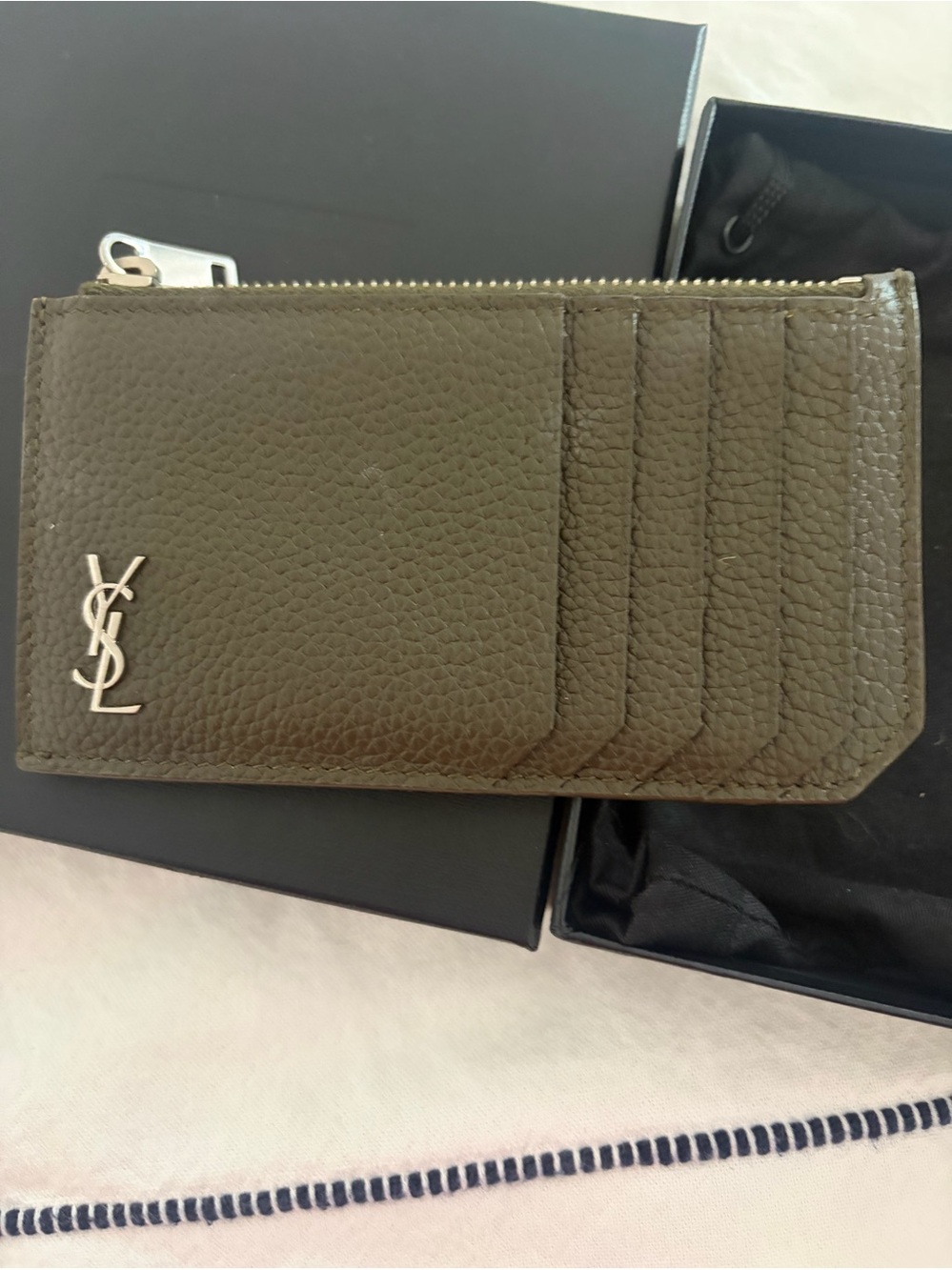 Saint Laurent Cassandre Zip Card Case Olive Grained Leather NWOT